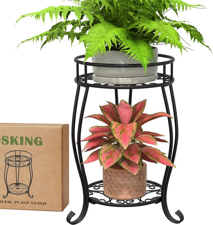 2 Tier Metal Plant Stand Indoor Outdoor , Rustproof Stable Plant Stands Multiple Plant Rack Holder Flower Pot Stand for Living Room Balcony Garden Patio Bedroom (Black, 19.5)