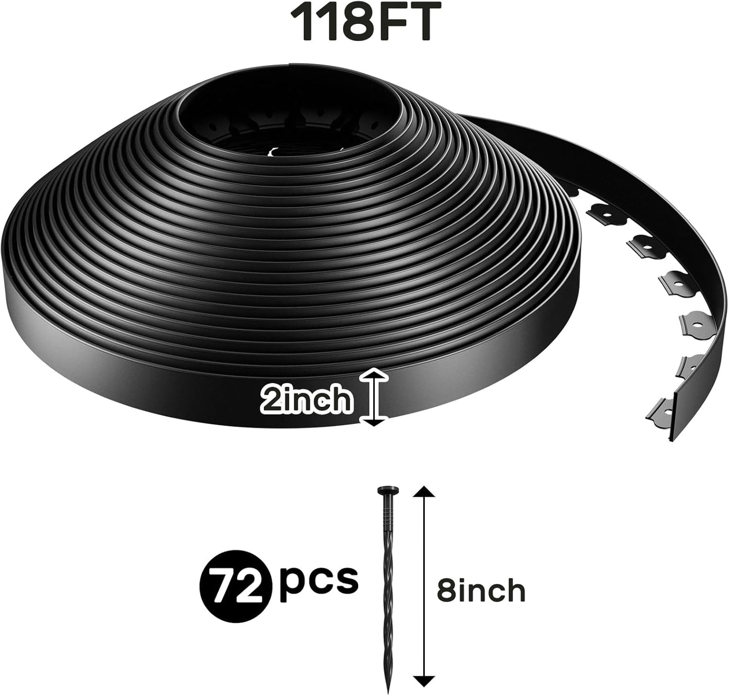 AGTEK 118FT Plastic Landscape Edging Kit 2inch Height No-Dig Garden Edging Border Lawn Edging Roll for Flower Bed Lawn Yard, Black, with 72 Anchoring Spikes