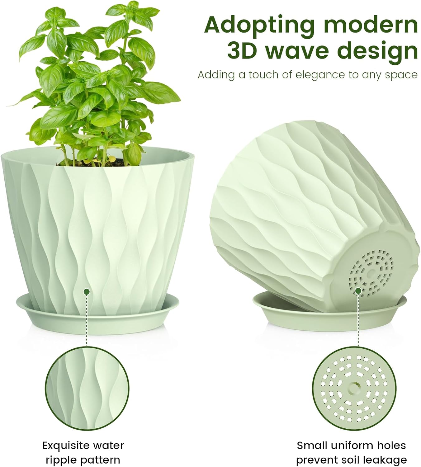 7/6.5/6/5.5/5/4.5/4 inch Plant Pots for Indoor Outdoor Plants, 7 Pack Thick Flower Pots with Drainage Holes and Saucers, Modern Wave Texture Plastic Planter Pots for Nursery, Succulent, Green