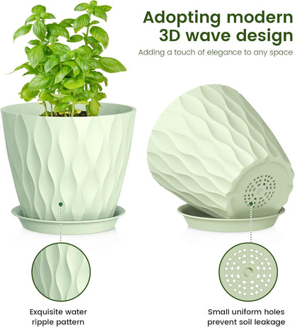 7/6.5/6/5.5/5/4.5/4 inch Plant Pots for Indoor Outdoor Plants, 7 Pack Thick Flower Pots with Drainage Holes and Saucers, Modern Wave Texture Plastic Planter Pots for Nursery, Succulent, Green