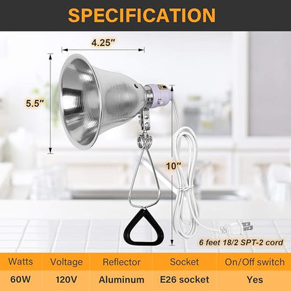 Simple Deluxe Clamp Lamp Light 60 Watt with 5.5 Inch Aluminum Reflector (no Bulb Included), 6 Feet Cord, 1 Pack, White