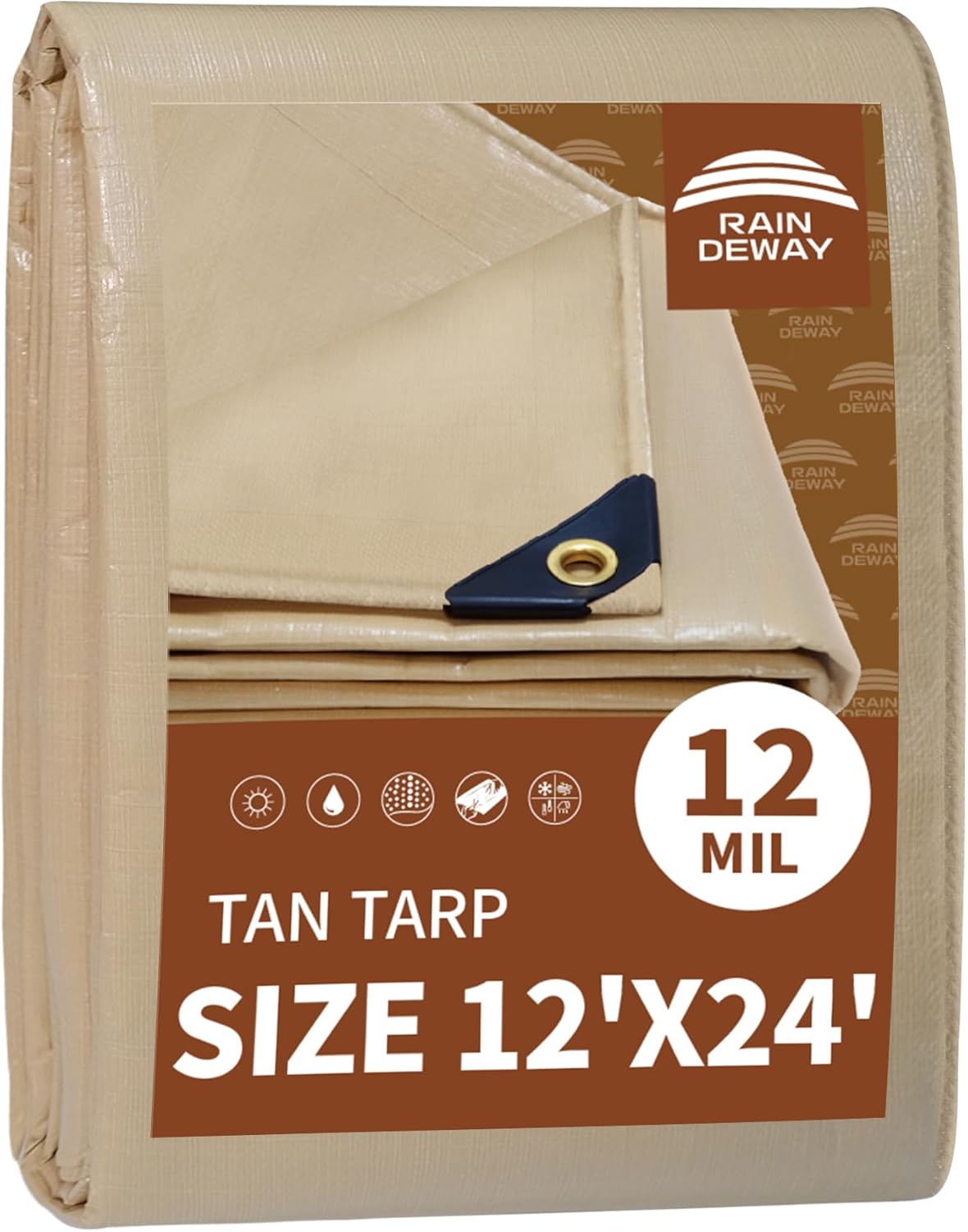 RAINDEWAY 12x24 Feet Heavy Duty Tarp,12 Mil Tan Waterproof Poly Tarp Cover,UV Resistant,Weatherproof,Durable,Multipurpose Tarps with Grommets and Reinforced Edges
