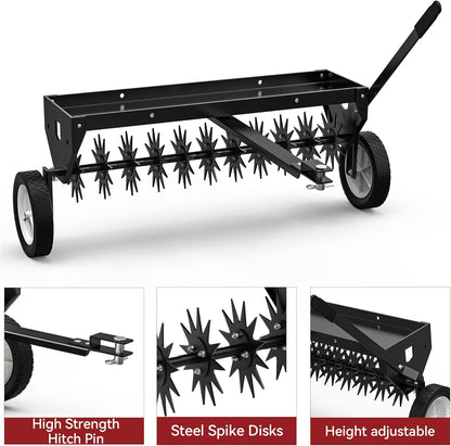 YITAMOTOR 40" Tow Behind Spike Aerator, Durable Lawn Aerator for Soil Penetrator with Transport Wheels & Galvanized Plug Coring Tines & Universal Hitch Tow Bar & Side Control Handle for ATV,Black