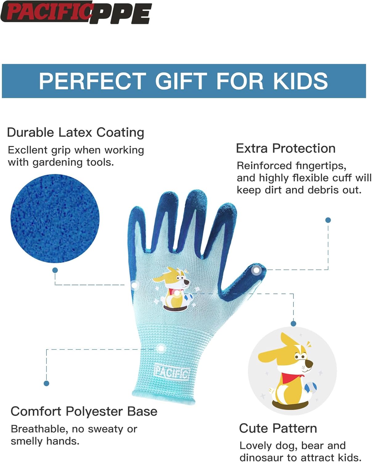 PACIFIC 3 Pairs Kids Gardening Gloves for Age 5-9, Toddler Rubber Coated Garden Gloves, Kids Work Gloves, for Children, Boys and Girls, Multicolor, XXS