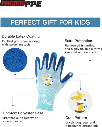 PACIFIC 3 Pairs Kids Gardening Gloves for Age 8-12, Toddler Rubber Coated Garden Gloves, Kids Work Gloves, for Children, Boys and Girls, Multicolor, XS