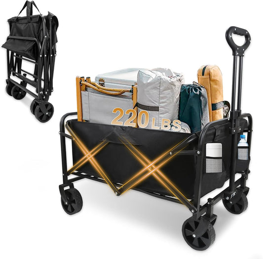 Heavy-Duty Collapsible Wagon Cart with Wheels, Lightweight Foldable Utility Cart with Adjustable Handle for Outdoor Use – Ideal for Grocery Shopping, Camping, Sports, Fishing, and More (Black)