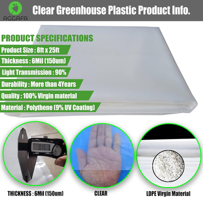 6 mil (8ft x 25ft) 100% Virgin Material. 5Layers Advanced Extrusion Technology for UV Protection, Anti-drip, Anti-Fog, Thermal and Strength. 4Years Lifetime UV Resistant Greenhouse Plastic