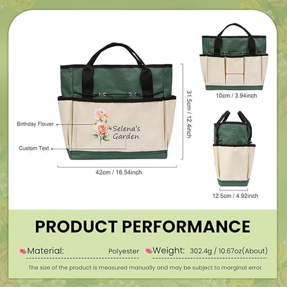 Personalized Garden Tools Set for Women: Custom Text Garden Tool Bag and Garden Shovel & Transplant Shovel & Hand Rake - Gardening Gifts for Mom Grandma Gardening Lover (Garden Bag)