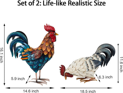Shorayn Metal Rooster Statues, Outdoor Garden Metal Chicken Decor, Garden Sculptures Chicken Ornaments Yard Art for Backyard Patio Lawn Decorations, Set of 2