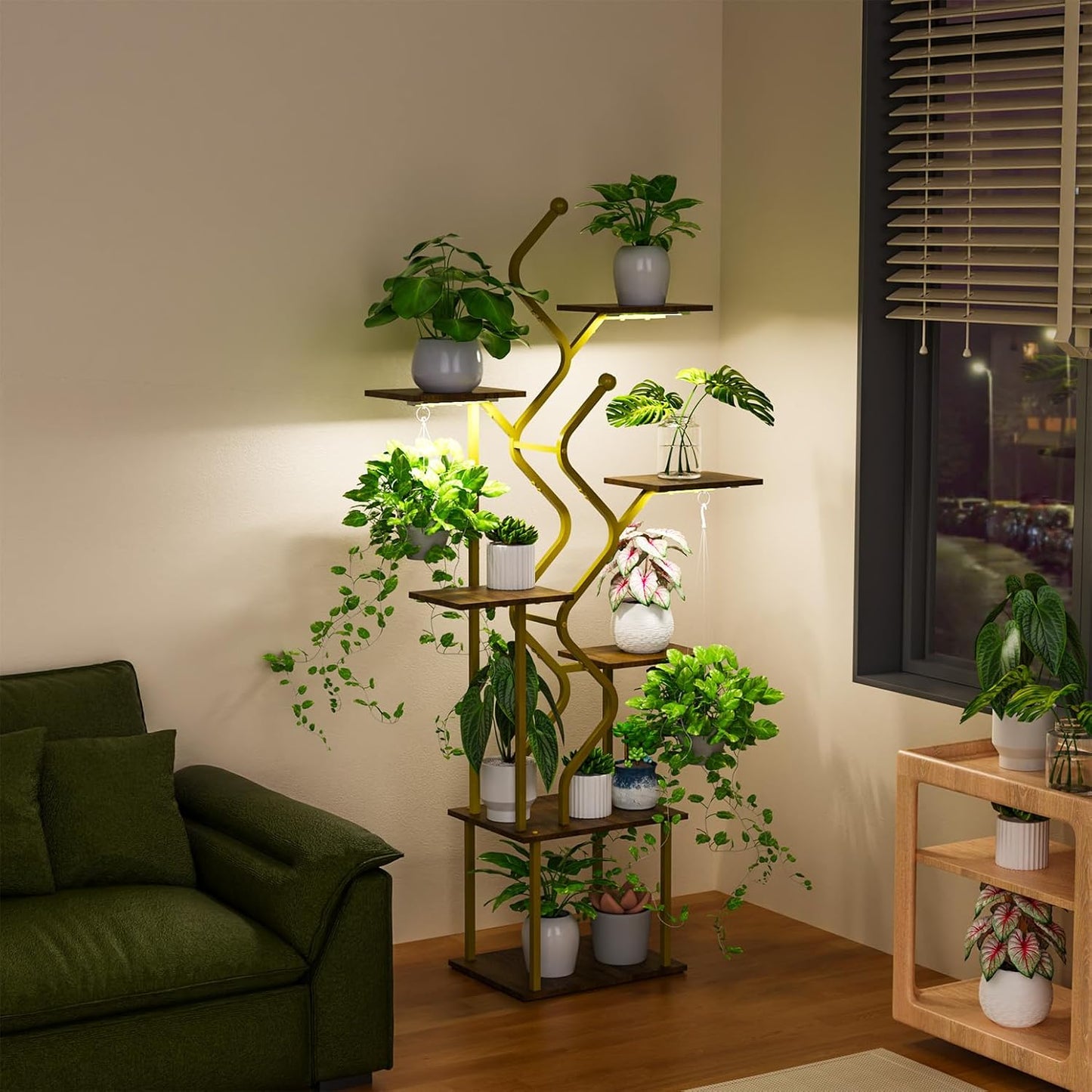 Bstrip 63 Inch Plant Stand with Grow Light, 7-Tier Indoor Plant Shelf with Hanging Hooks, Decor Corner Plant Stand for Living Room & Patio, Gold
