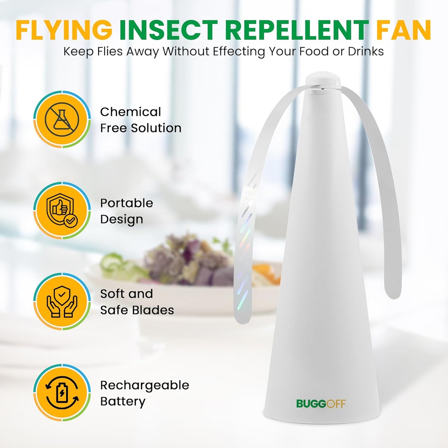 BUGGOFF Black Fly & Flying Insect Repellent Fan with Twin Blades, Table top & Hangable, Battery Powered or 5V Plug in, Batteries NOT Included. Safe Blades with Auto Stop. (1 Pack)