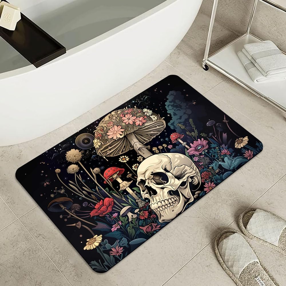 Bath Mat-Bathroom Rug，A Skull and Mushroom-Absorbent Non Slip Quick Dry Stain Resistant Easy to Clean Care Shower Rug for Bathtub Shower Room 16×24Inch (40 * 60cm)