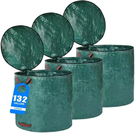 3 Pack 132 Gallons Reusable Yard Waste Bags with Double Bottom and Zipper Lid Extra Large Lawn and