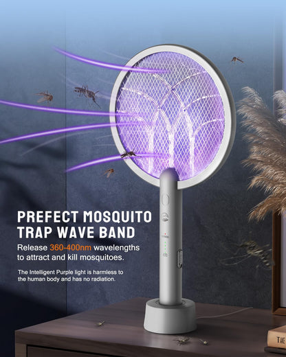 Electric Fly Swatter Racket, Mosiller 2 in 1 Smart Bug Zapper & Power Take Off Generators with USB Rechargeable Base, Powerful Mosquitoes Trap Lamp & Fly Killer for Home, Bedroom(Light Grey（2 Pack）)