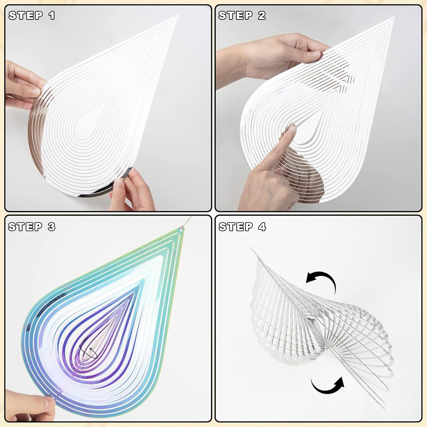 Wind Spinners, 2× 3D Stainless Steel Outdoor Hanging Wind Spinner, 2× Metal Pendants and 3× 360° Rotating Hooks with Wirerope, Reflective Decor for Outside Yard and Garden (Shape No.1)