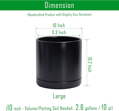 D'vine Dev Set of 2 Plants Pots, 10 Inch Ceramic Planter Pot for Plants with Drainage Hole and Saucer, Black, 94-V-E-2