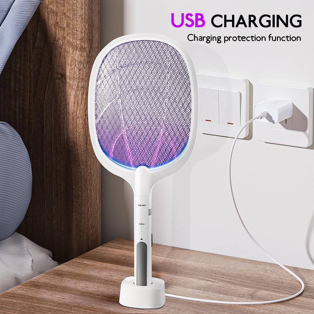 Electric Fly Swatter Indoor & Outdoor 3000V Bug Zapper Racket Dual Modes Mosquito Killer with Purple Mosquito Light Rechargeable Fly Zapper for Indoor Home Office Backyard Patio Camping