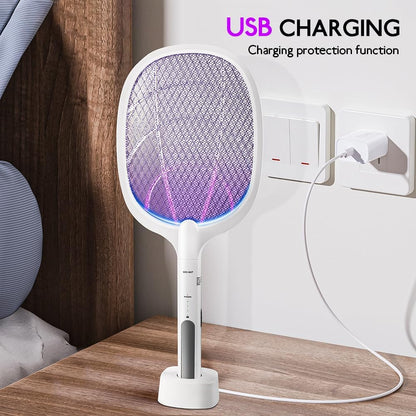 Electric Fly Swatter Indoor & Outdoor 3000V Bug Zapper Racket Dual Modes Mosquito Killer with Purple Mosquito Light Rechargeable Fly Zapper for Indoor Home Office Backyard Patio Camping