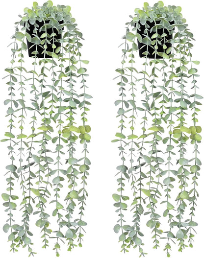 Waipfaru 2Pcs Fake Hanging Plants with Pot Light Green Eucalyptus Leaves UV Resistant Fake Vines Ivy Artificial Plants Outdoor Faux Plants Indoor Bedroom Living Room Boho Wall Porch Shelf Decor