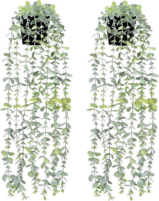Waipfaru 2Pcs Fake Hanging Plants with Pot Light Green Eucalyptus Leaves UV Resistant Fake Vines Ivy Artificial Plants Outdoor Faux Plants Indoor Bedroom Living Room Boho Wall Porch Shelf Decor