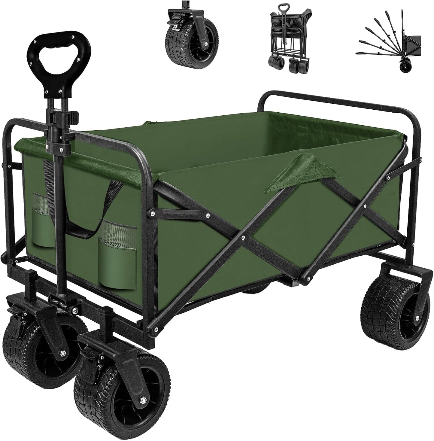 SZHLUX Collapsible Foldable Wagon with Big Wheels for Sand, Utility Grocery Wagon with Side Pocket and Brakes for Camping, Sports, Outdoor Activities
