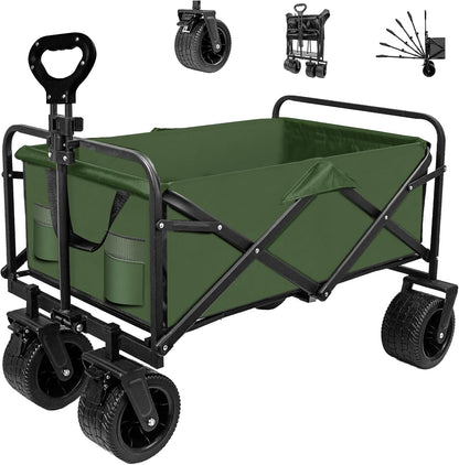 SZHLUX Collapsible Foldable Wagon with Big Wheels for Sand, Utility Grocery Wagon with Side Pocket and Brakes for Camping, Sports, Outdoor Activities