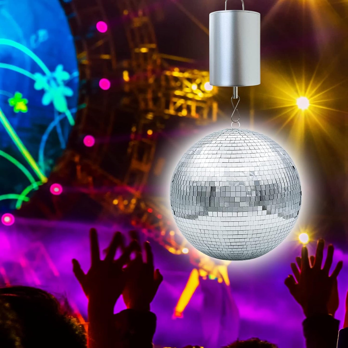 FONMY Disco Ball Motor with Remote Battery Operated 10RPM Hanging Display Rotating Motor for Wind Spinner Baby Crib Wind Chime Mobile Yard Decor Ornaments Outdoor Sculptures-Silver Color-Low Speed