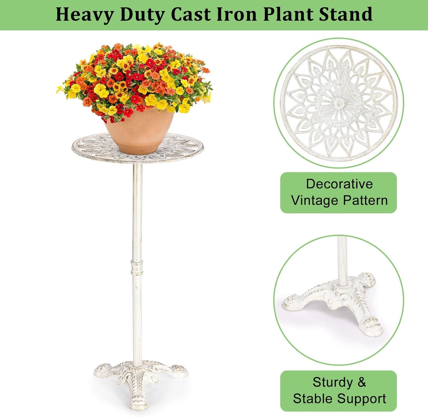 OwnMy Cast Iron Tall Plant Stand Heavy Duty Flower Pot Holder, Decorative Pedestal Potted Plant Rack, Indoor Outdoor Wrought Iron Large Single Plant Stand for Patio Garden Home, Antique White