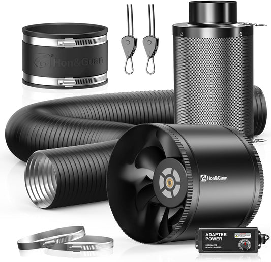 Hon&Guan 8" Air Filtration Kit: 8 Inch Inline Duct Fan with Speed Controller, 16" High Carbon
