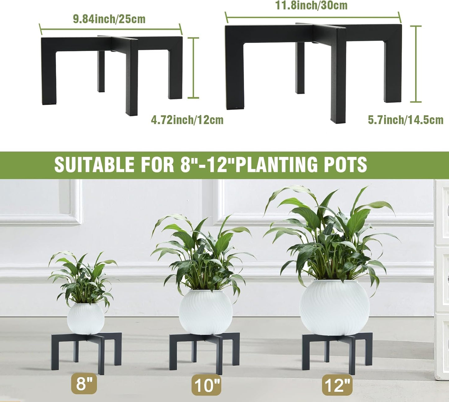 Heavy-Duty Metal Plant Stands Indoor Outdoor, 2/3 Pack Modern Plant Holder & Rattan Stool - Low Short Black Plant Stands Fit 5-12 Inch Pots (Plant Not Included) (2Pcs)