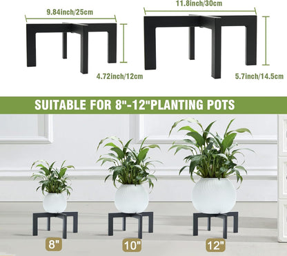 Heavy-Duty Metal Plant Stands Indoor Outdoor, 2/3 Pack Modern Plant Holder & Rattan Stool - Low Short Black Plant Stands Fit 5-12 Inch Pots (Plant Not Included) (2Pcs)