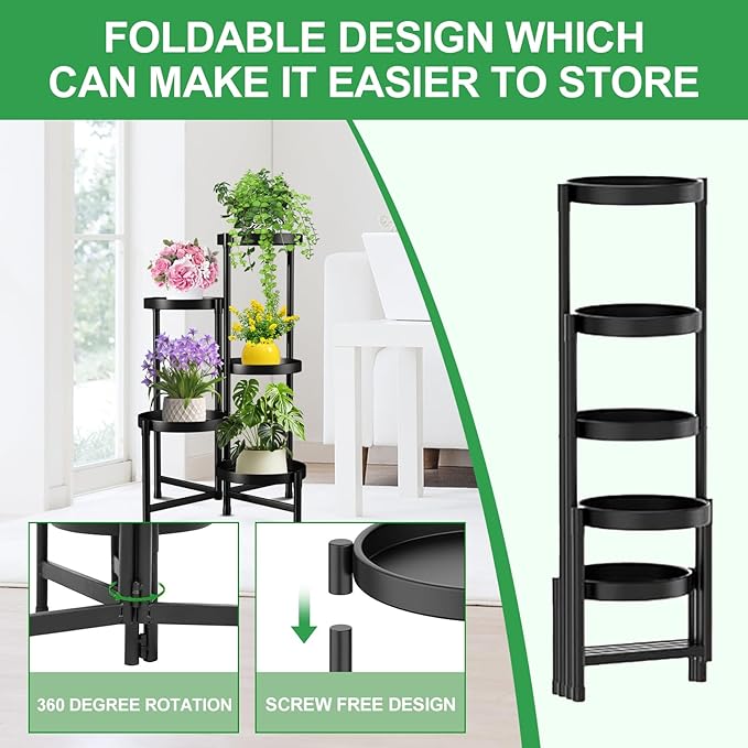 Metal Plant Stand Indoor Outdoor ,5 Tier Foldable Corner Tall Plant Shelf for Multiple Plants,Black Metal Tiered Plant Stand Sturdy and More Balanced,for Garden Patio Lawn Balcony