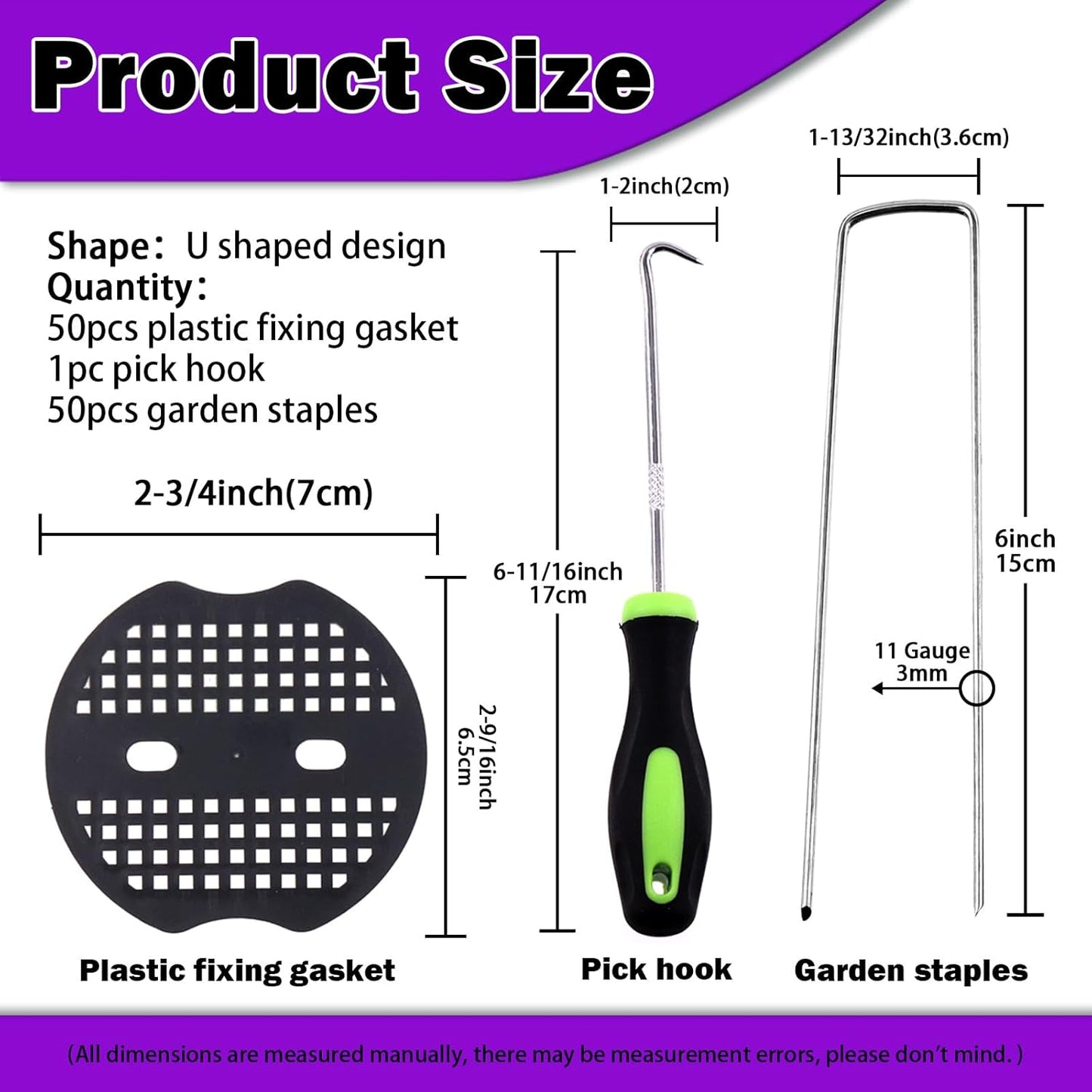Swpeet 101Pcs U-Shaped Landscape Garden Stakes Staples and Plastic Fixing Gasket with Pick Hook Assortment Kit, Garden Lawn Landscape Staples for Irrigation Hoses, Fixed Fences, Artificial Turf Nails