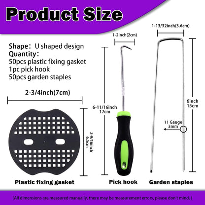 Swpeet 101Pcs U-Shaped Landscape Garden Stakes Staples and Plastic Fixing Gasket with Pick Hook Assortment Kit, Garden Lawn Landscape Staples for Irrigation Hoses, Fixed Fences, Artificial Turf Nails