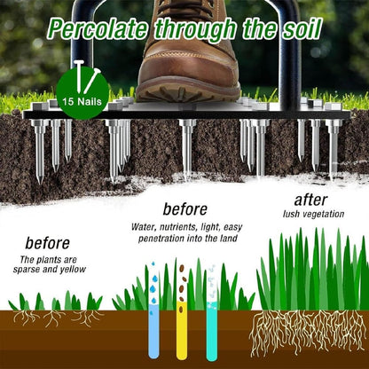 Lawn Aerator Tool, 2-in-1 Spike Manual Core Aerator Lawn Tool with 15 Iron Spikes, Gardening Hand Tools, Grass Plugger Yard Aerators for Garden Yard Lawns Soil Care, Revives Lawns Health(Black)