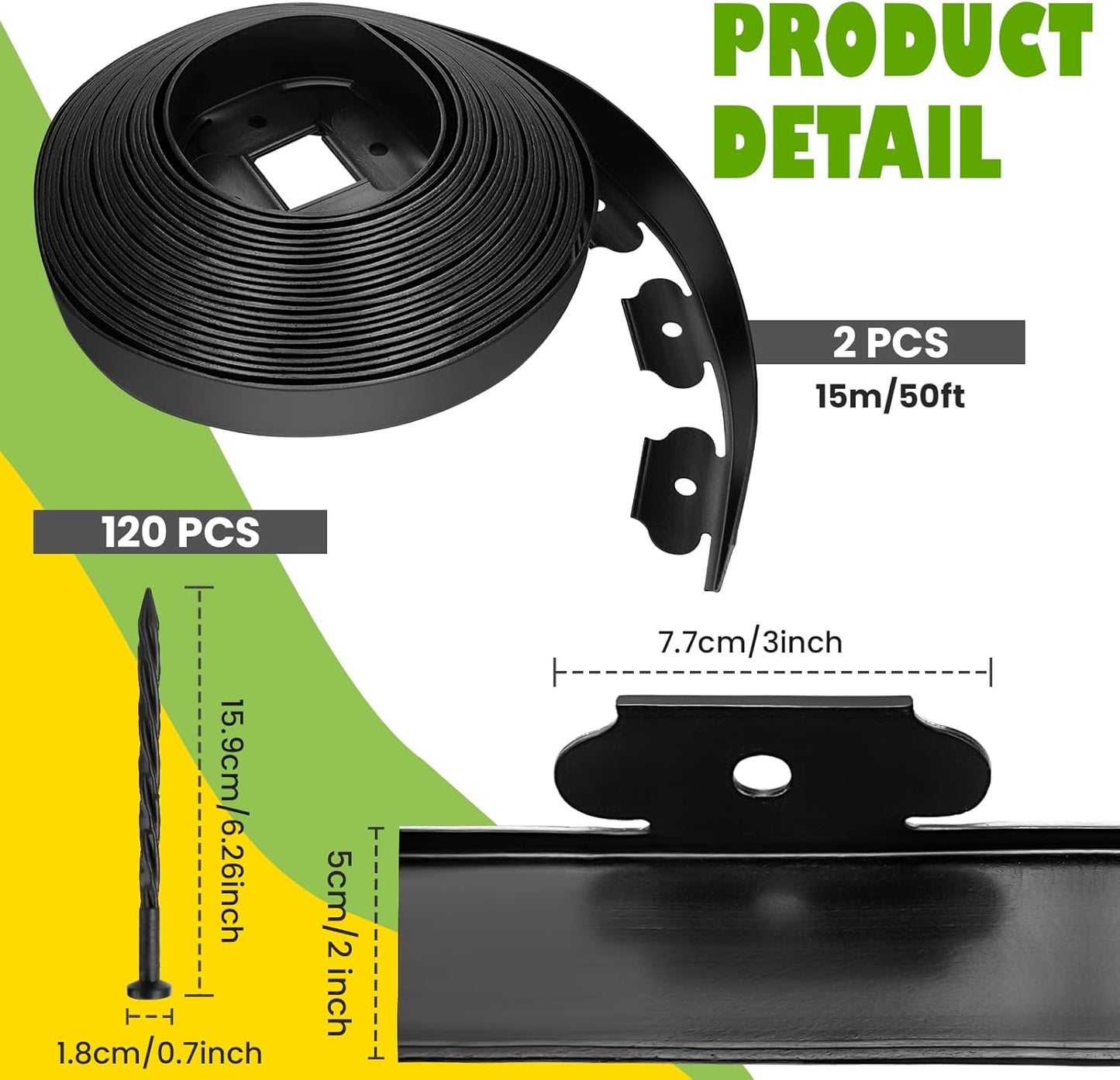 Landscape Edging 2 Inch Tall 100 FT, Garden Edging Coil with 120pcs Spikes, Edging Border Coil for Landscaping, Flower Beds, Lawn, and Yard - Black