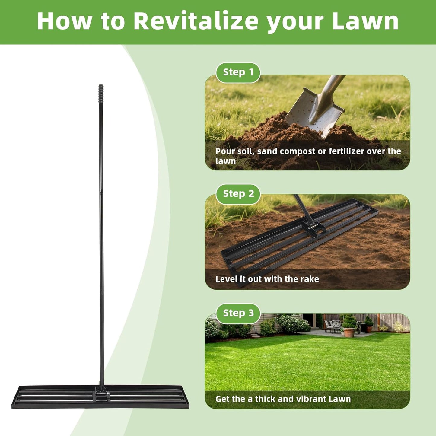 Lawn Leveling Rake 42 Inch, Heavy Duty Metal Levelawn Rake with 42'x10' Ground Plate, 78' Extra Long Adjustable Handle, Lawn Leveler Tool for Backyard, Garden, Golf Lawn, Farm and Ranch to Level Soil