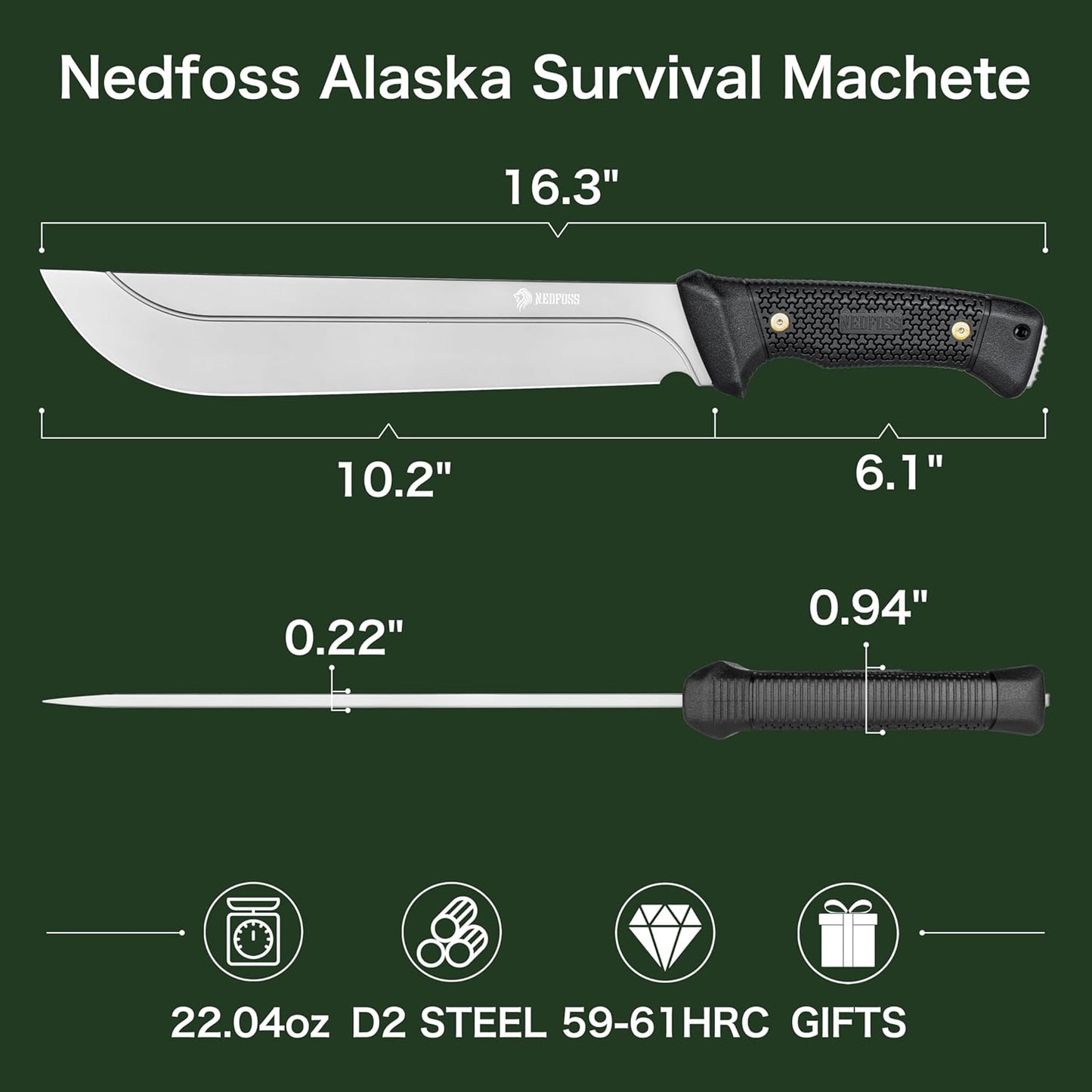 NedFoss 16" Survival Machete with Sheath, D2 Steel 0.22" Thick Full Tang Blade Machete Knife with Flat Grinding, Machete for Cutting Trees, for Yard Work, Clearing Brush with TPE Handle