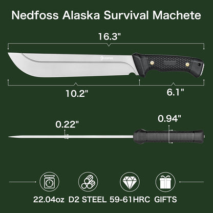 NedFoss 16" Survival Machete with Sheath, D2 Steel 0.22" Thick Full Tang Blade Machete Knife with Flat Grinding, Machete for Cutting Trees, for Yard Work, Clearing Brush with TPE Handle