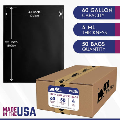 Ox Plastics Trash Can Liners Bags - Extra Heavy Duty Strength - Large Garbage, Leak-Proof & Durable, House & Commercial Use Bags (50) - Black (4 Mil, 60 Gallon)