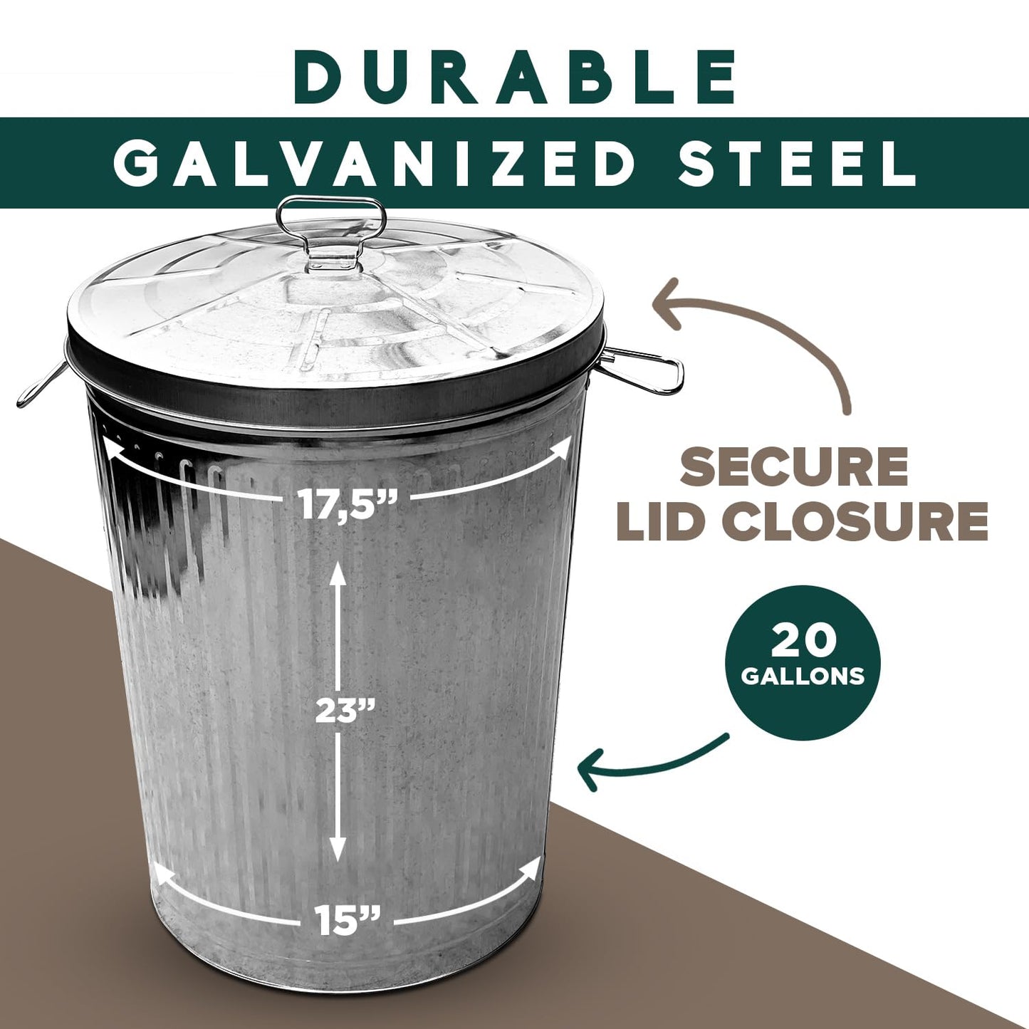 Plexon Metal Trash Can with Lid Outdoor 20 Gallon Galvanized Steel Garbage Bucket with Lid Silver
