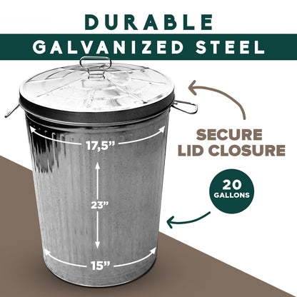 Plexon Metal Trash Can with Lid Outdoor 20 Gallon Galvanized Steel Garbage Bucket with Lid Silver