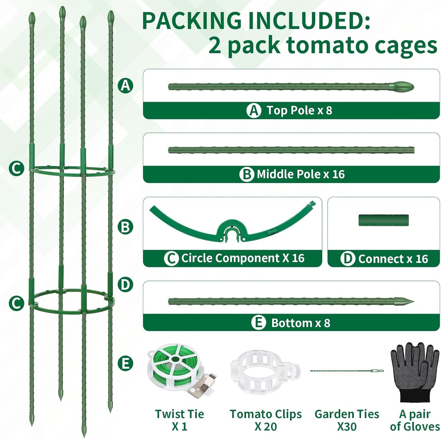2 Pack Tomato Cages - 48 Inch Heavy Duty Trellis with Tomato Clips and Twist Ties