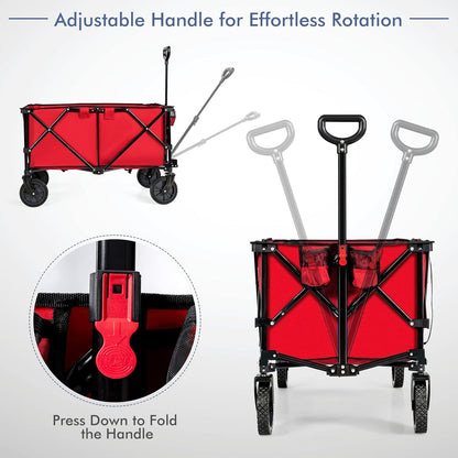 Goplus Collapsible Wagon, Folding Utility Wagon Cart w/Universal Wheels & Adjustable Handle & Cover Bag, Grocery Wagon for Garden Shopping Camping (Red)