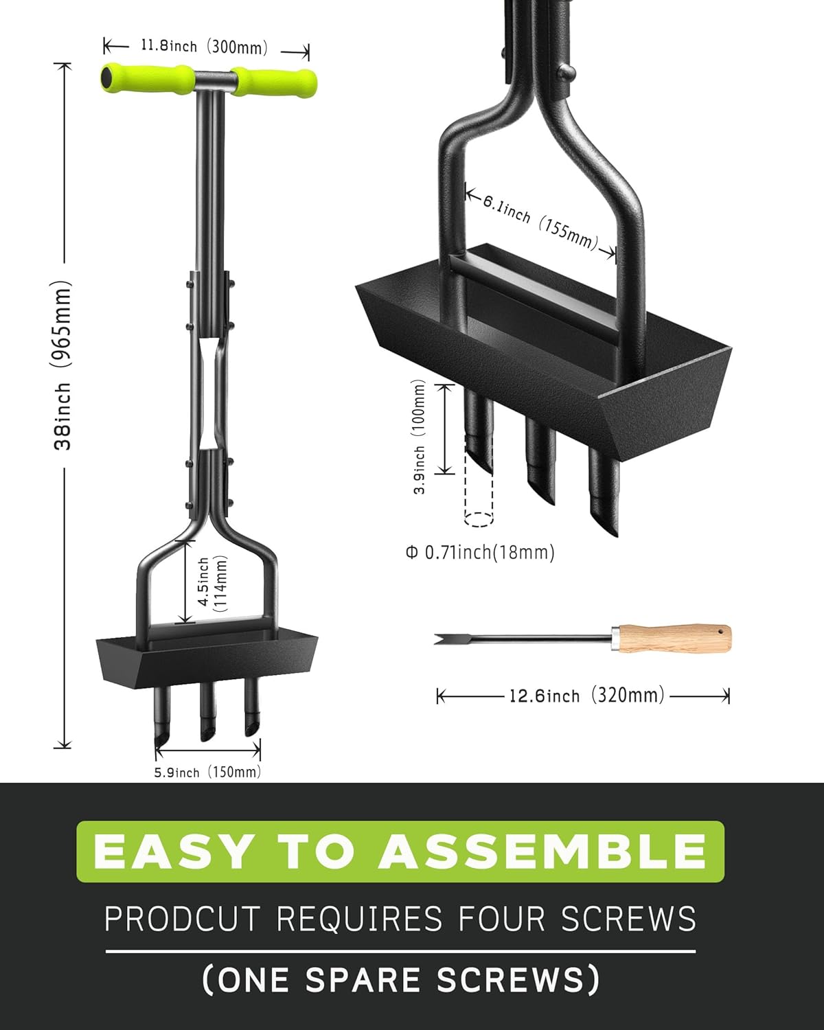 Lawn Aerator Coring Tool with Soil Core Tray, Manual Garden Plug Aerator for Grass Aeration, Yard Aerator & A Cleaning Tool for Compacted Soil, Lawn Care, 38”,Chartreuse Handle, Patented