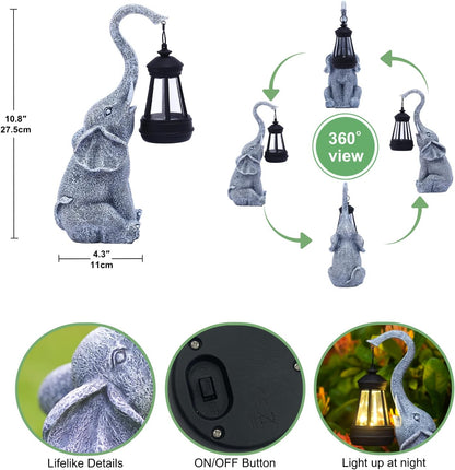 Garden Statues Elephant with Solar Lantern Outdoor Figurines Decorations for Patio Yard Lawn Ornaments Gifts for Birthday Mom Housewarming(Gray)