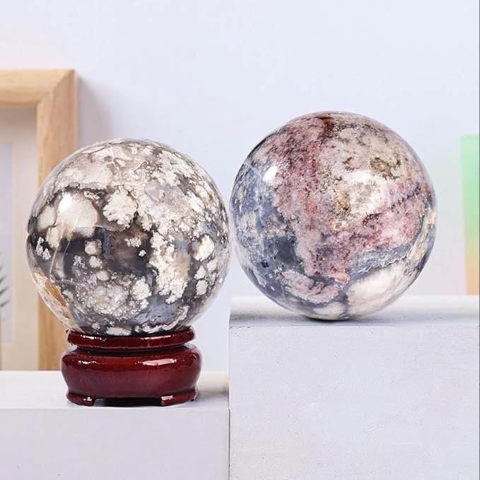 JIC Gem Blue Cherry Blossom Agate Crystal Ball with Stand Healing Crystal Sphere Natural Flower Agate Stone Meditation Home Decor 2.3-2.7 inch (60-70mm)