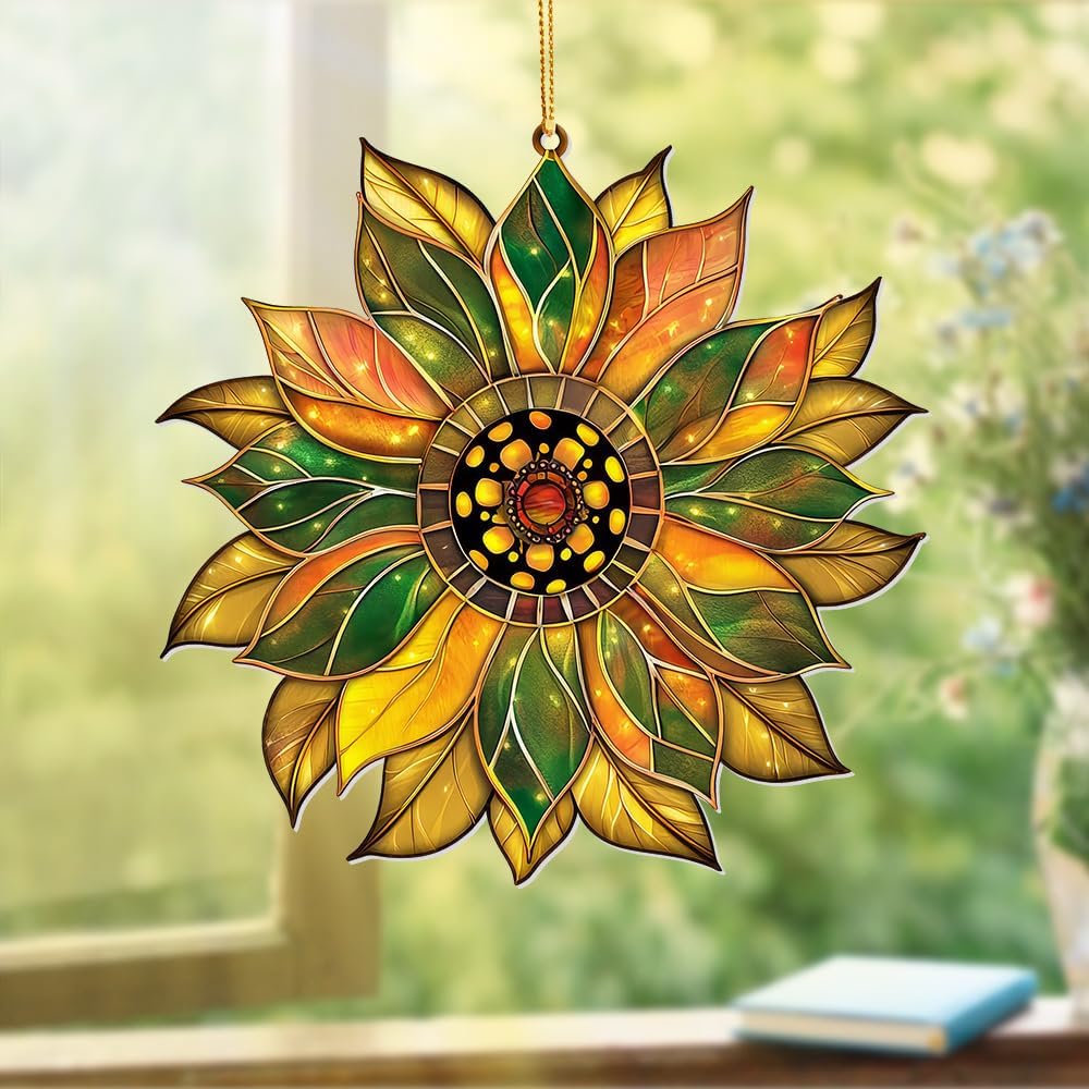 Stained Glass Acrylic Sunflower Ornament – Colorful Glass Sun Catcher for Windows, Christmas Tree Decoration 2025, Hanging Holiday & Everyday Décor Gift(Sun-22)
