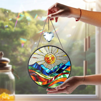 Sun Mountains Stained Glass, Suncatcher for Window Hanging, Suncatcher Art Decor for Home Garden Housewarming, Natural Scenery Gift for Mom, Grandma, Women, Friends, Couples