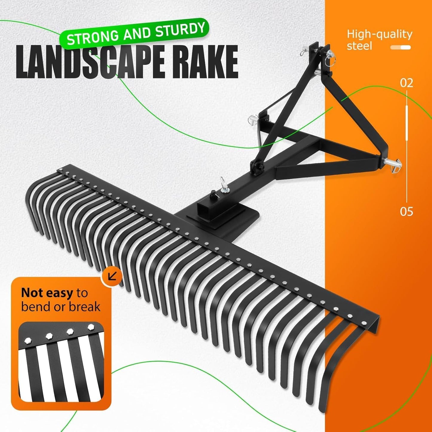 KUAFU 60" Landscape Rake, 3 Point Rake 360 Rotation Compatible with Category 1 Cat1 Compact Tractors Tow-Behind Garden Tool for Garden, Farm, Clearing Brush, Raking Arenas 2 Package Black